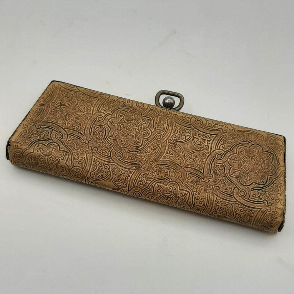 Vintage Glasses Case Faux Leather Embossed Vinyl Gold Tone Metal Frame & Clasp